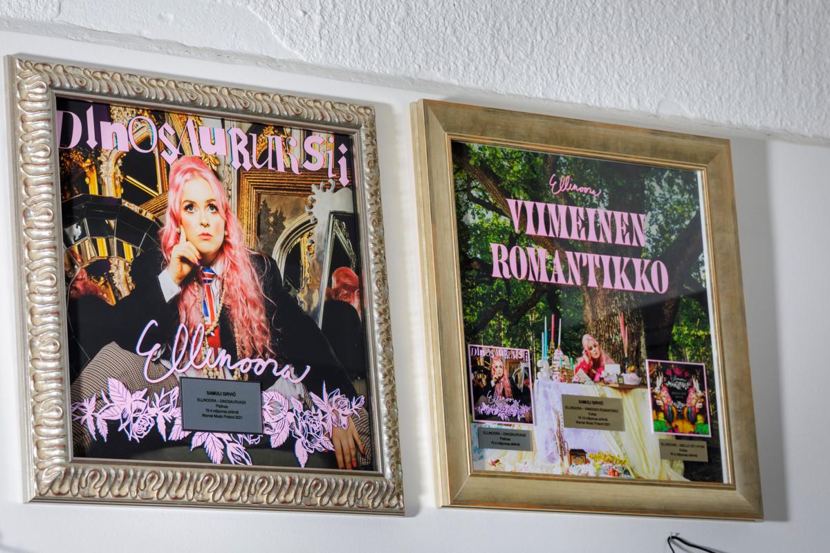 Ellinooran Dinosauruksii-biisi on striimannut platinaa, Viimeinen romantikko -albumi kultaa. Levyt koristavat studion seiniä.