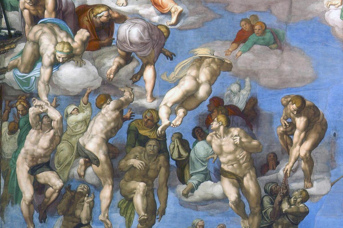 Yksityiskohta Michelangelon frescosta Viimeinen tuomio. Kuva: Wikimedia commons.