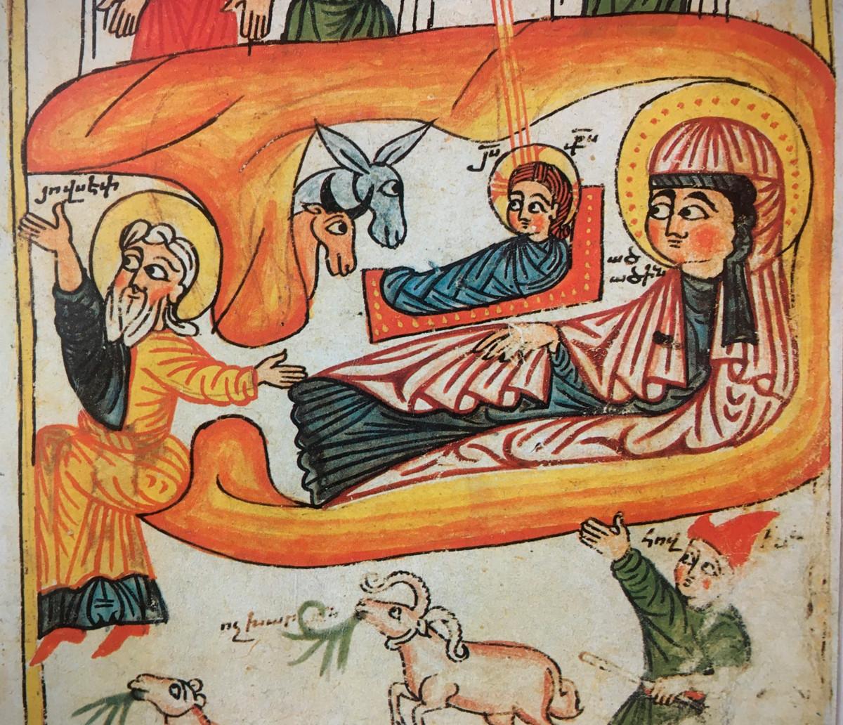 Jo varhaiset kristityt viettivät Kristuksen syntymäjuhlaa. Armenialaisen evankeliumikäsikirjoituksen kuvitusta 1300-luvulta.