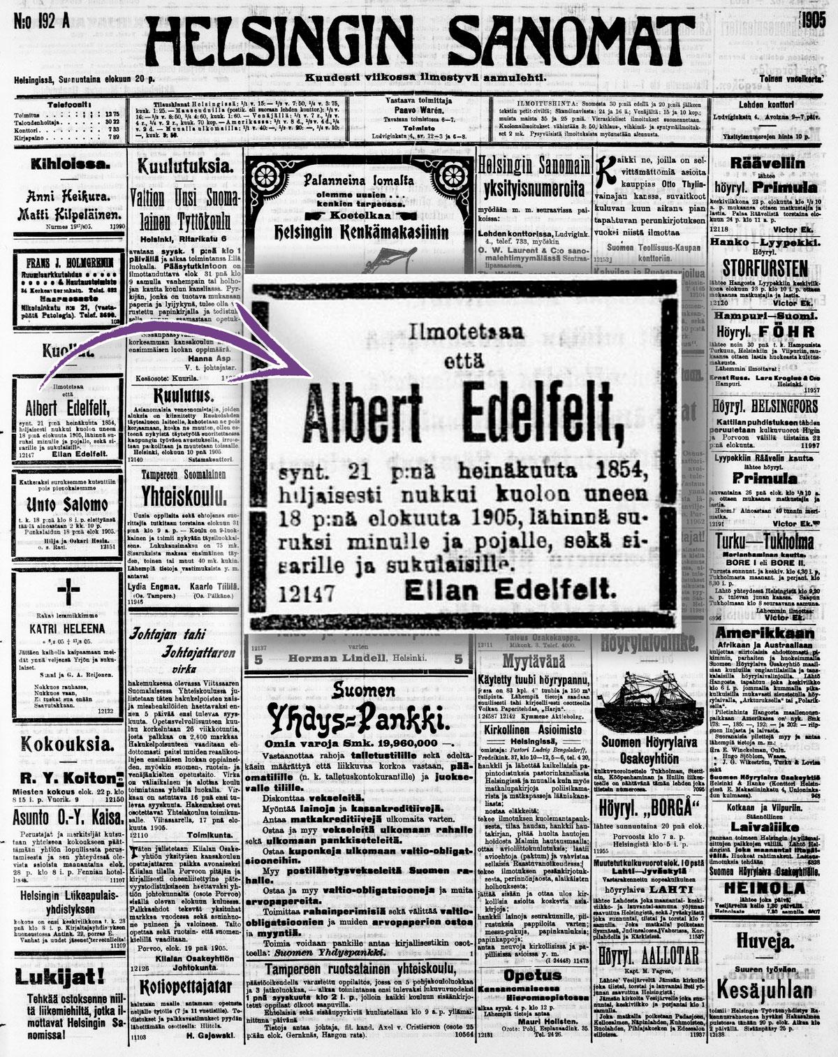 Albert Edelfeltin kuolinilmoitus (ylävasemmalla) julkaistiin Helsingin Sanomissa 20.8.1905.