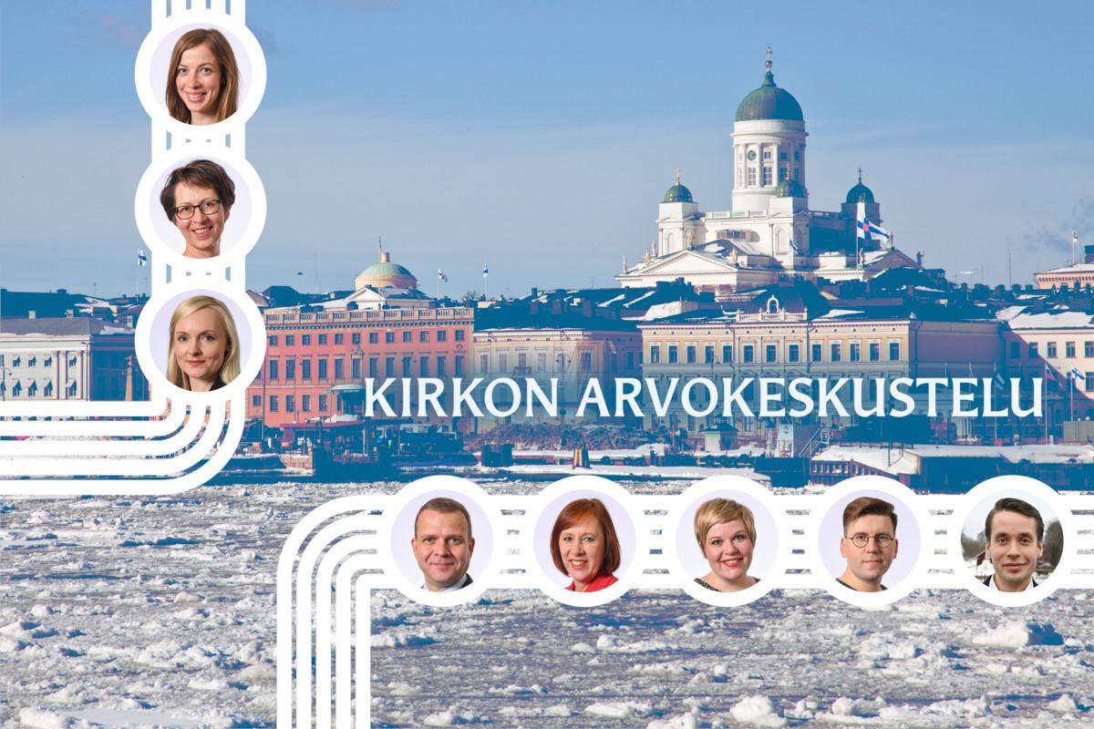 Keskustelussa ovat mukana Li Andersson, Sari Essayah, Maria Ohisalo, Petteri Orpo, Sirpa Paatero, Annika Saarikko, Sebastian Tynkkynen ja Henrik Wickström.