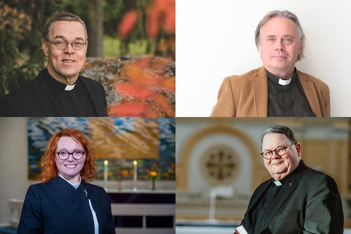 Pekka Särkiö, Sammeli Juntunen, Mari Parkkinen ja Pekka Huokuna tahtovat piispaksi. 