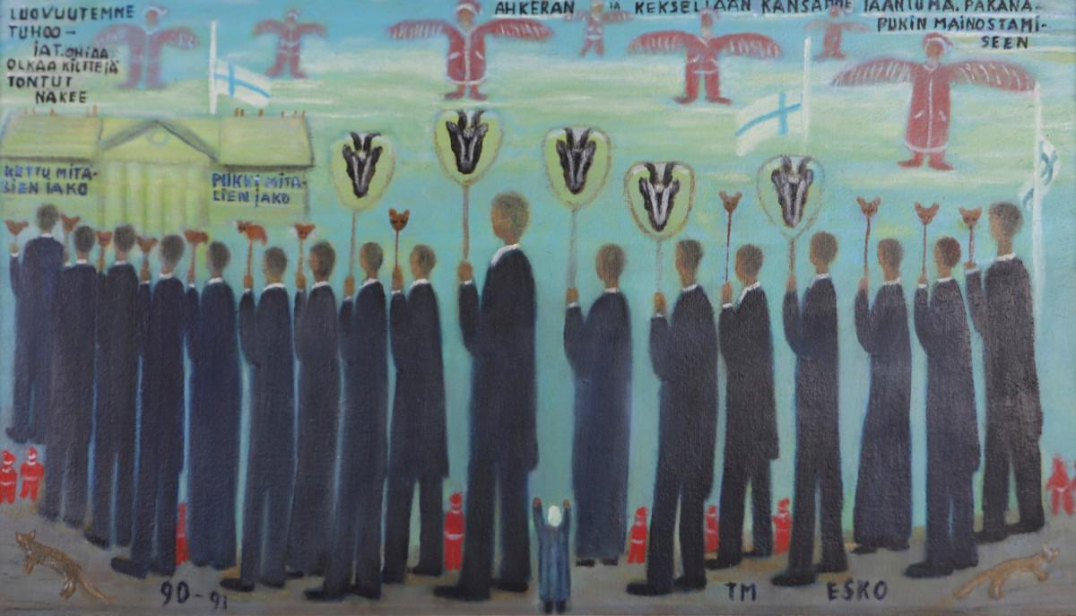 Tyyne Esko on Suomen tunnetuimpia outsider-taiteilijoita. Hänen maalauksensa Mitalien jako on tehty 1990–1991. Kuva Saarijärven museo / Janne Timperi.