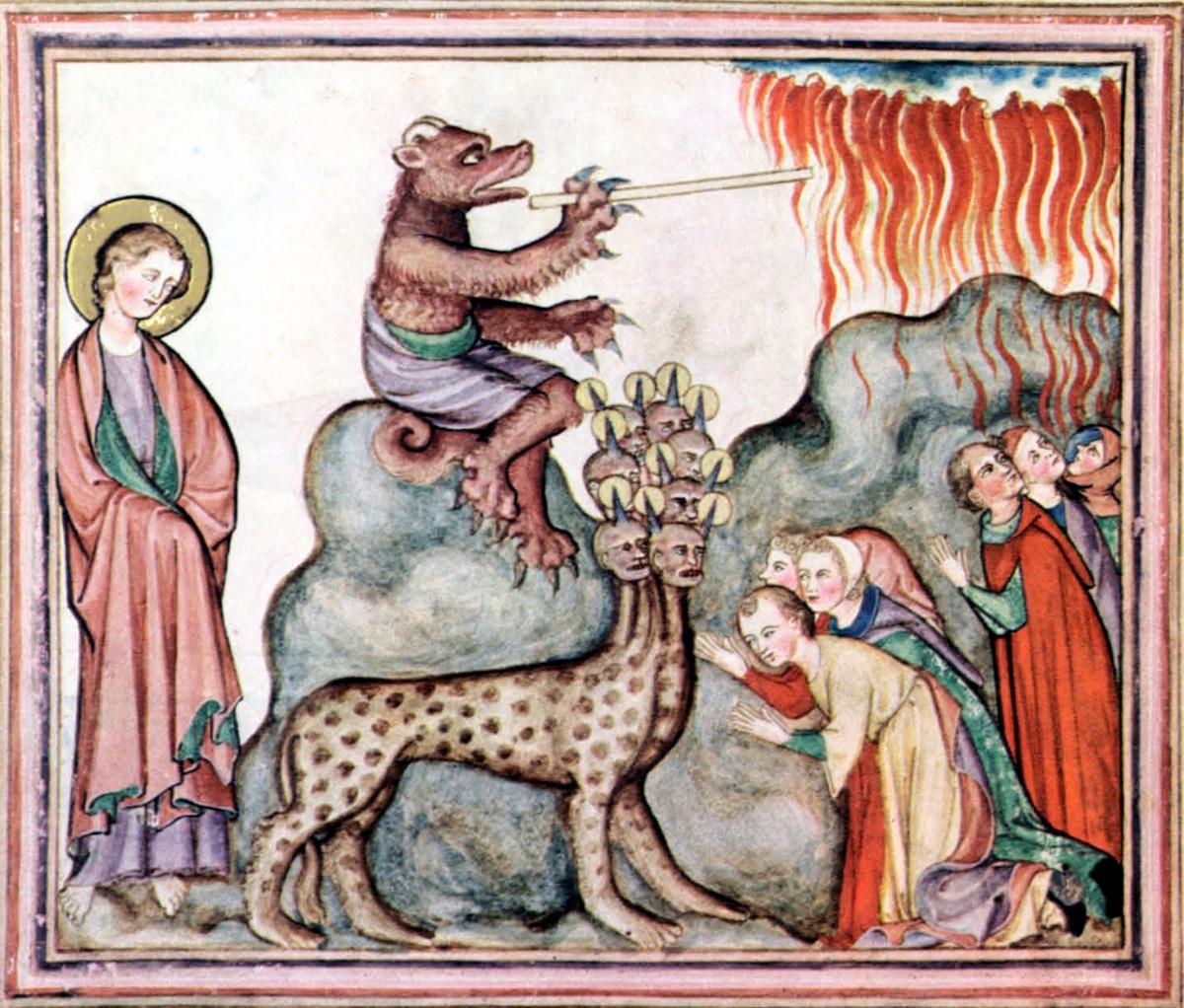 Johanneksen ilmestys on innostanut myös taiteilijoita tekemään tulkintoja kirjan vahvasta symboliikasta. Kuvan maalaus on vuodelta 1330. 