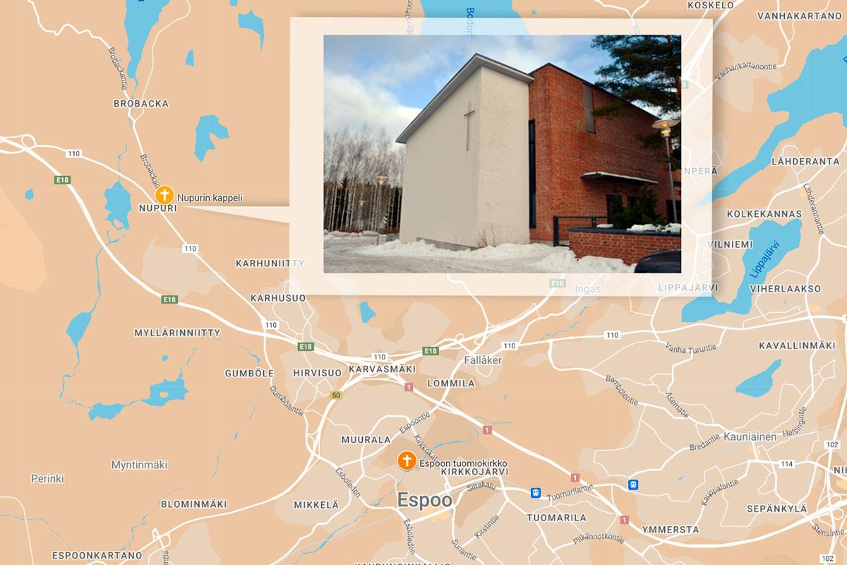 Nupurin kappeli sijaitsee Nuuksioon vievän tien varrella. Kartan lähdekuva: Google My maps