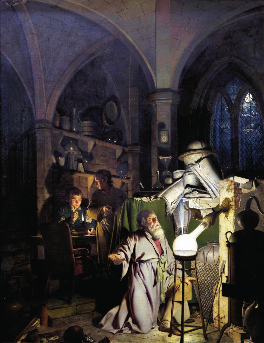 Joseph Wrightin maalauksessa vuodelta 1771 Hennig Brandt löytää fosforin viisasten kiveä etsiessään. Alkemian historia -kirjan kuvitusta, kuva Richard Tailby.