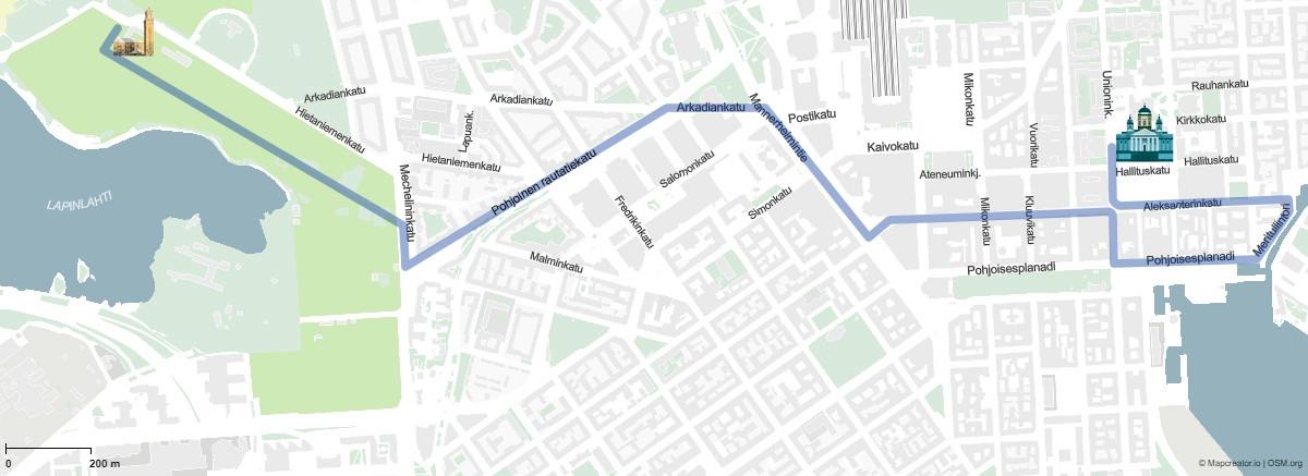 Hautajaissaattue kulkee seuraavaa reittiä: Unioninkatu, Aleksanterinkatu (Meritullintorin suuntaan, kiertää päävartioston), Pohjoisesplanadi, Unioninkatu (kiertää Presidentinlinnan), Aleksanterinkatu, Mannerheimintie, Arkadiankatu, Pohjoinen Rautatiekatu, Mechelininkatu ja Hietaniemen hautausmaan poikki vanhan kappelin portilta Hietaniemen uudelle kappelille.