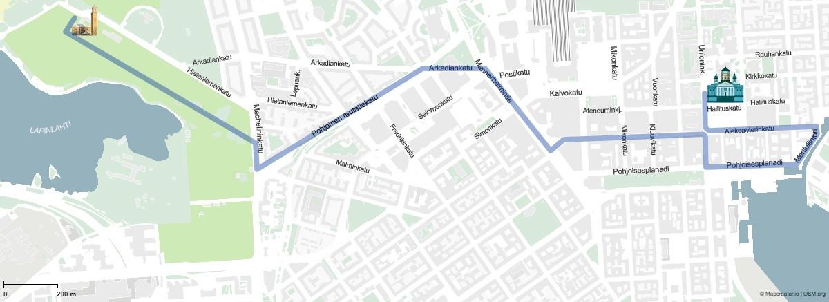 Hautajaissaattue kulkee seuraavaa reittiä: Unioninkatu, Aleksanterinkatu (Meritullintorin suuntaan, kiertää päävartioston), Pohjoisesplanadi, Unioninkatu (kiertää Presidentinlinnan), Aleksanterinkatu, Mannerheimintie, Arkadiankatu, Pohjoinen Rautatiekatu, Mechelininkatu ja Hietaniemen hautausmaan poikki vanhan kappelin portilta Hietaniemen uudelle kappelille.