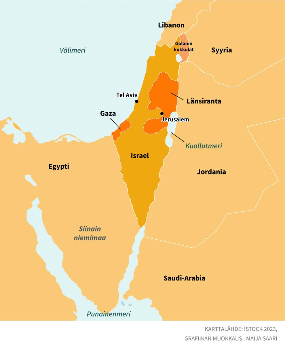 Israel ja Palestiina. Gazan aluetta hallitsee Hamas, Länsirantaa osittain palestiinalaishallinto. Osa alueesta on Israelin sotilashallinnon alaisuudessa. Länsirannalle on perustettu myös paljon siirtokuntia. Gazassa siirtokunnat purettiin vuonna 2005.