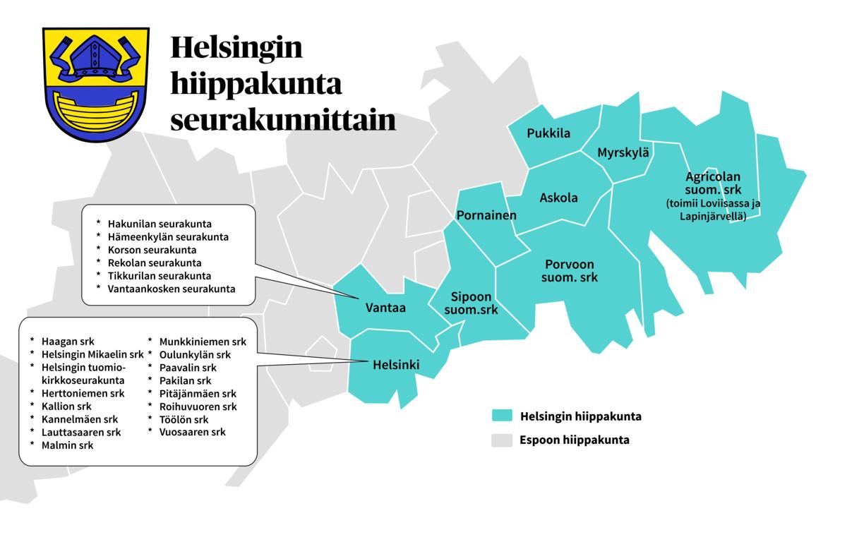 Helsingin hiippakuntaan kuuluvat Helsingin, Vantaan ja Itä-Uudenmaan suomenkieliset seurakunnat.