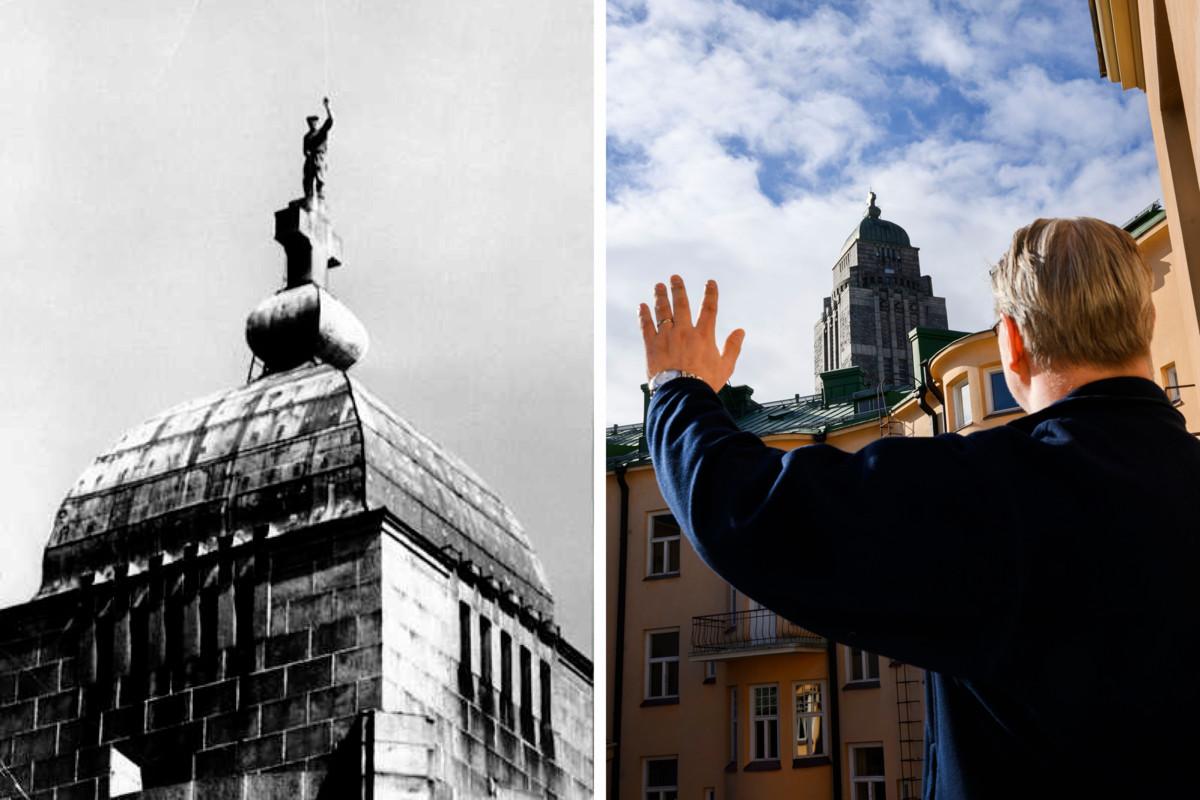 Tässä kesällä 1966 otetussa kuvassa Heikki Hypén seisoo ristin päällä. Hänen poikansa Harri asuu kirkon lähellä. Talon parvekkeelta aukeaa harvinainen näkymä torniin. Kuva: Harri Hypénin kotialbumi ja Jussi Helttunen