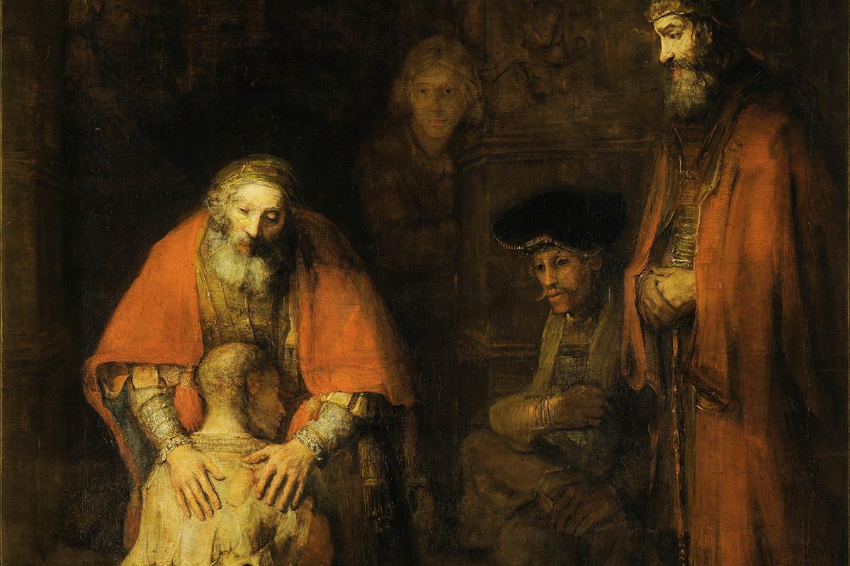 Yksityiskohta Rembrandtin teoksesta Tuhlaajapojan paluu.