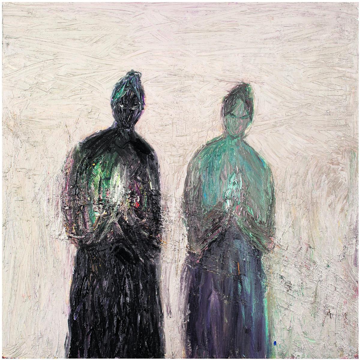 Hiljainen rukous? Nanna Suden maalaus ”Uskomatonta” hehkuu valoa naishahmojen sisältä päin.