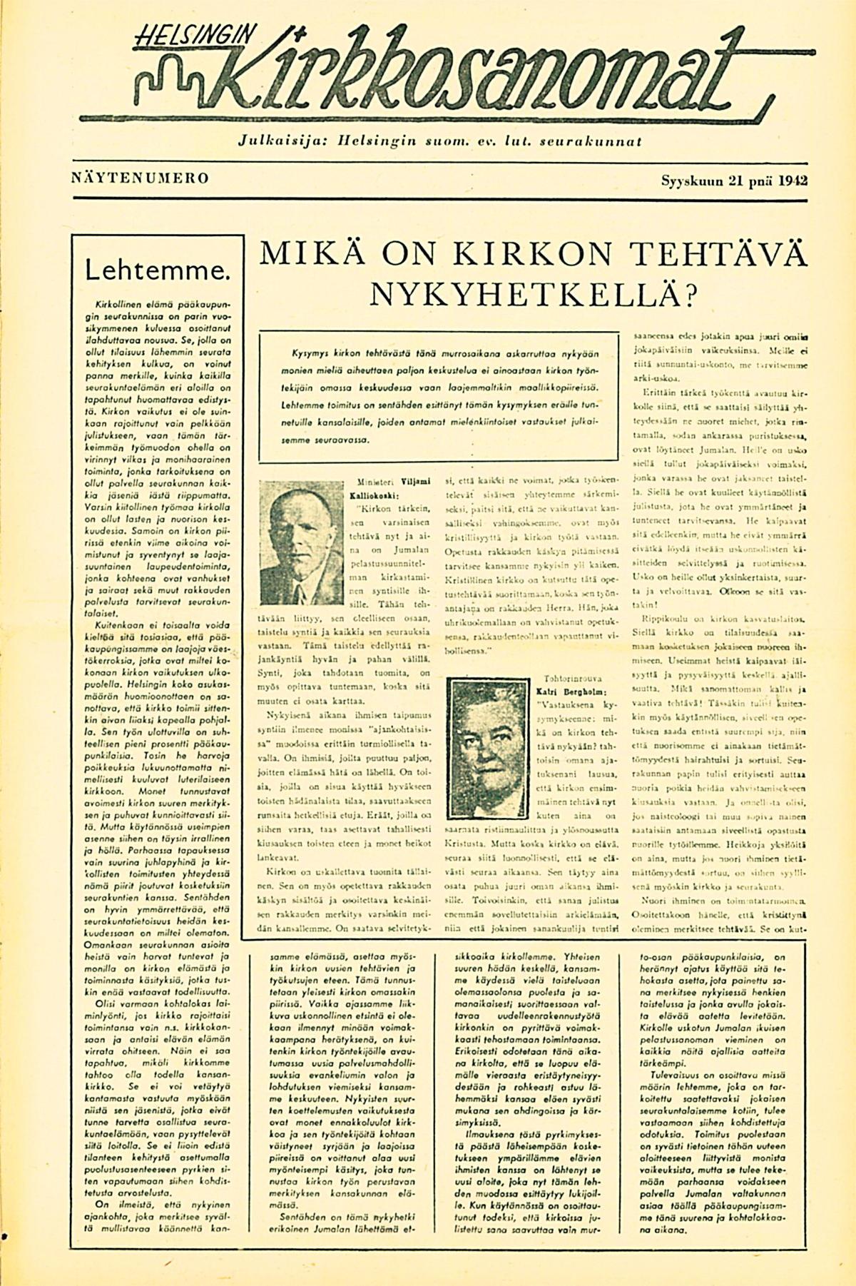 Aikajanalla. Entisajan sanomalehtimäisessä ulkoasussa lehden etusivu sisältää kokonaisen artikkelin. Muutos aikakauslehtimäiseen suuntaan 1990-luvulla ilmenee siinä, että kannessa on vahva kuva, jonka yhteydessä on muutama kansivinkkiteksti. Mutta osoittaako kansiteksti ”Pyörryin aamuhartaudessa” 21.3.1962, että ennenkin osattiin olla vitsikkäitä?