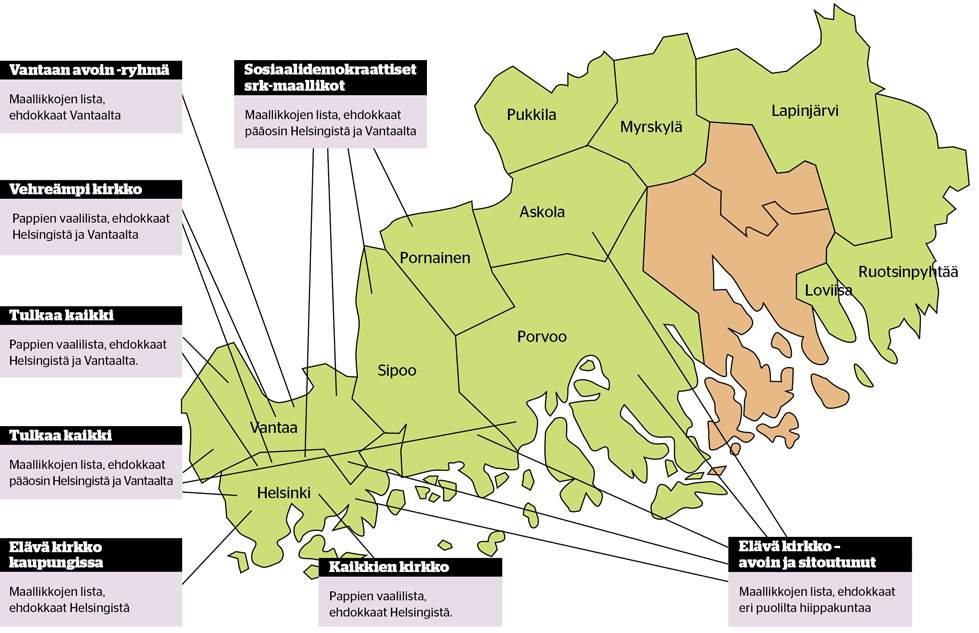 Vihreällä värillä merkitty Helsingin hiippakunta ulottuu pääkaupunkiseudulta Itä-Uudellemaalle. Oranssilla merkitty alue kuuluu ruotsinkieliseen Porvoon hiippakuntaan. Äänioikeuttaan pääsevät käyttämään seurakuntien luottamushenkilöt sekä papisto. Helsingin hiippakunnan alueella on yhteensä noin 1 300 äänioikeutettua, joista maallikoita on noin 675 ja pappeja 630. Piirros: Tiina Vesterinen