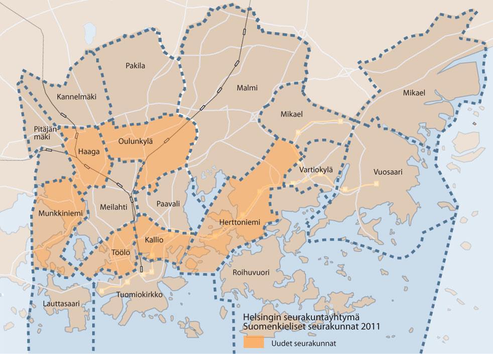 Mihin seurakuntaan kuulut? Seurakuntia yhdistyy vuoden 2011 alussa. Oranssilla merkityt Haaga, Herttoniemi, Kallio, Munkkiniemi, Oulunkylä ja Töölö ovat alueiltaan uusia ja entistä laajempia. Tämän syksyn seurakuntavaaleissa äänestetään luottamushenkilöt 21 seurakuntaneuvostoon ja yhteiseen kirkkovaltuustoon. Piirros: Toni Brantberg