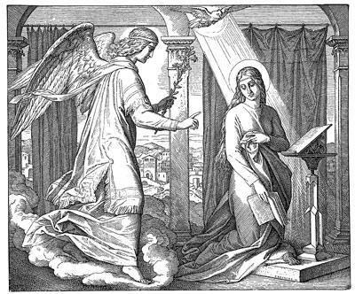 Arkkienkeli Gabriel on Raamatun kuuluisin enkeli. Marian ilmestyksestä kertova kuva-aihe on varsin suosittu kuva-aihe maalaustaiteessa. Tässä aiheen on ikuistanut piirrokseensa Julius Schnorr von Carolsfeld 1800-luvulla.