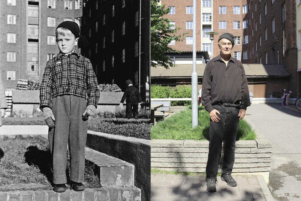 Mikko Hurme samalla päiväkodin pihalla vuonna 1950 ja 2017. Taustalla näkyy Viides linja 4. Kuva: Mari Aarnio