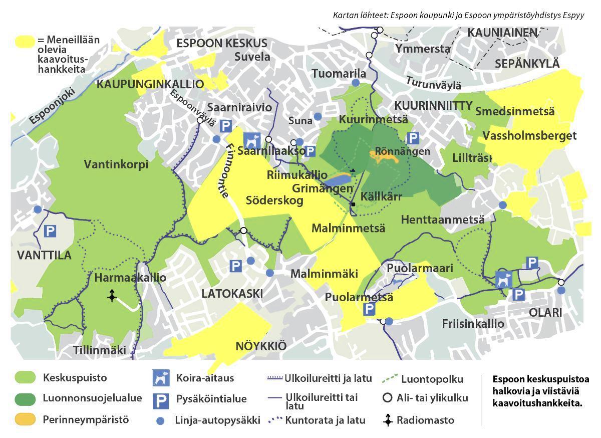 Karttapiirros Espoon keskuspuistosta.