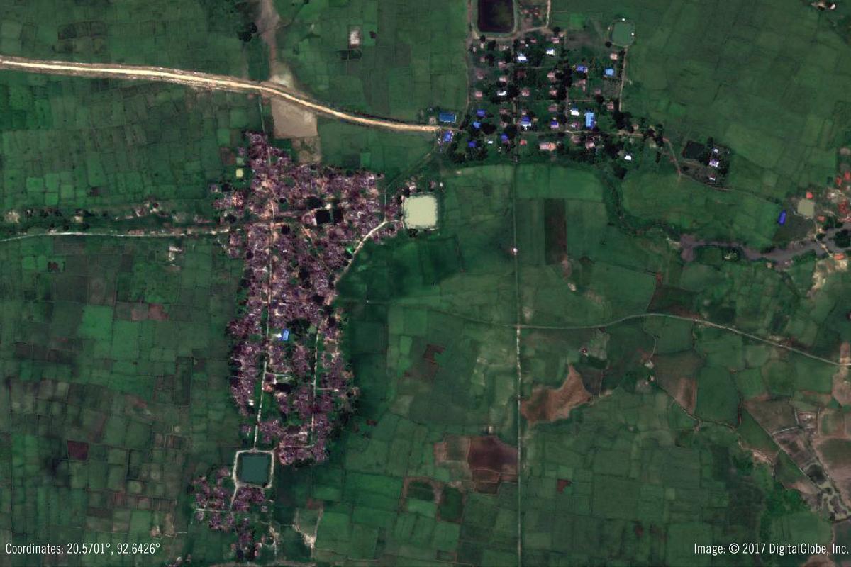 Satelliittikuvista näkyy, että osa kylistä on poltettu kokonaan, osassa polttamatta on jätetty muiden kuin rohingyojen talot.