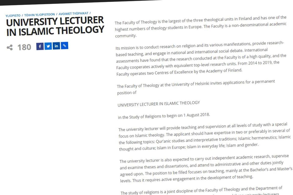 Teologinen tiedekunta hakee islamilaiseen teologiaan erikoistunutta opettajaa. Kuvakaappaus yliopiston sivuilta.