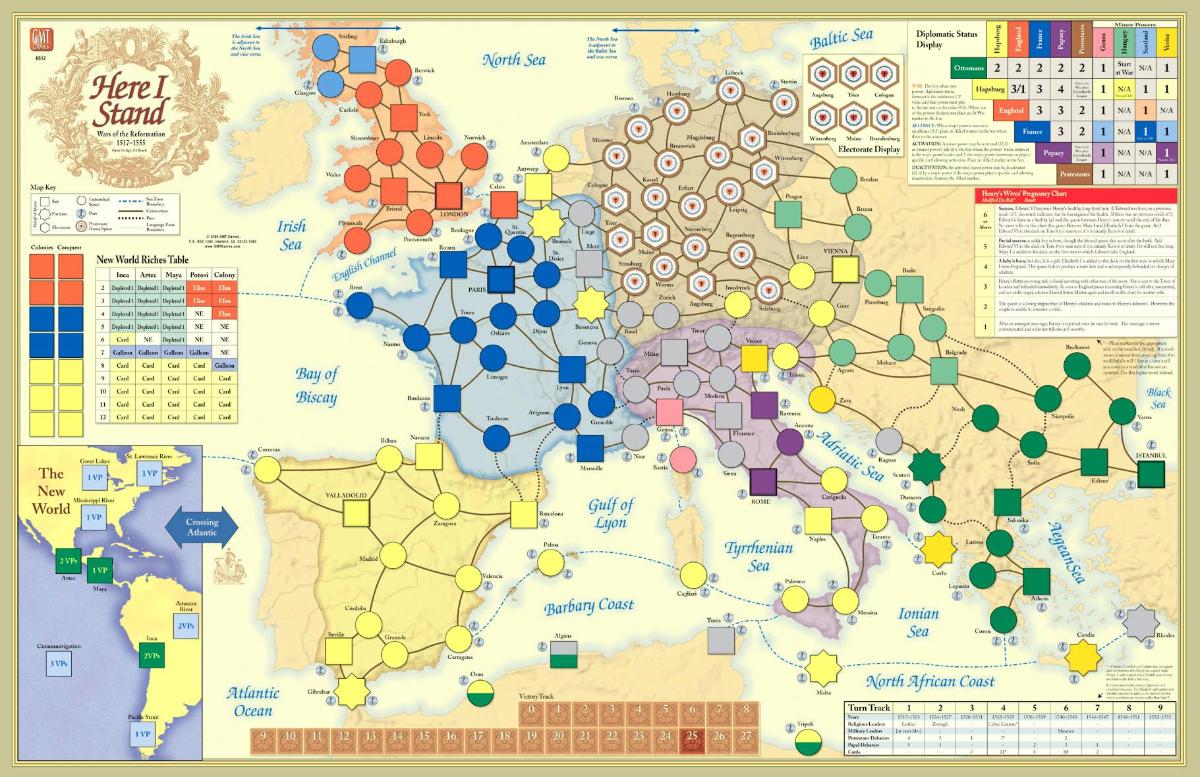 Historiallisen Here I Stand -pelin pelilauta koko komeudessaan. Kuva: GMT Games