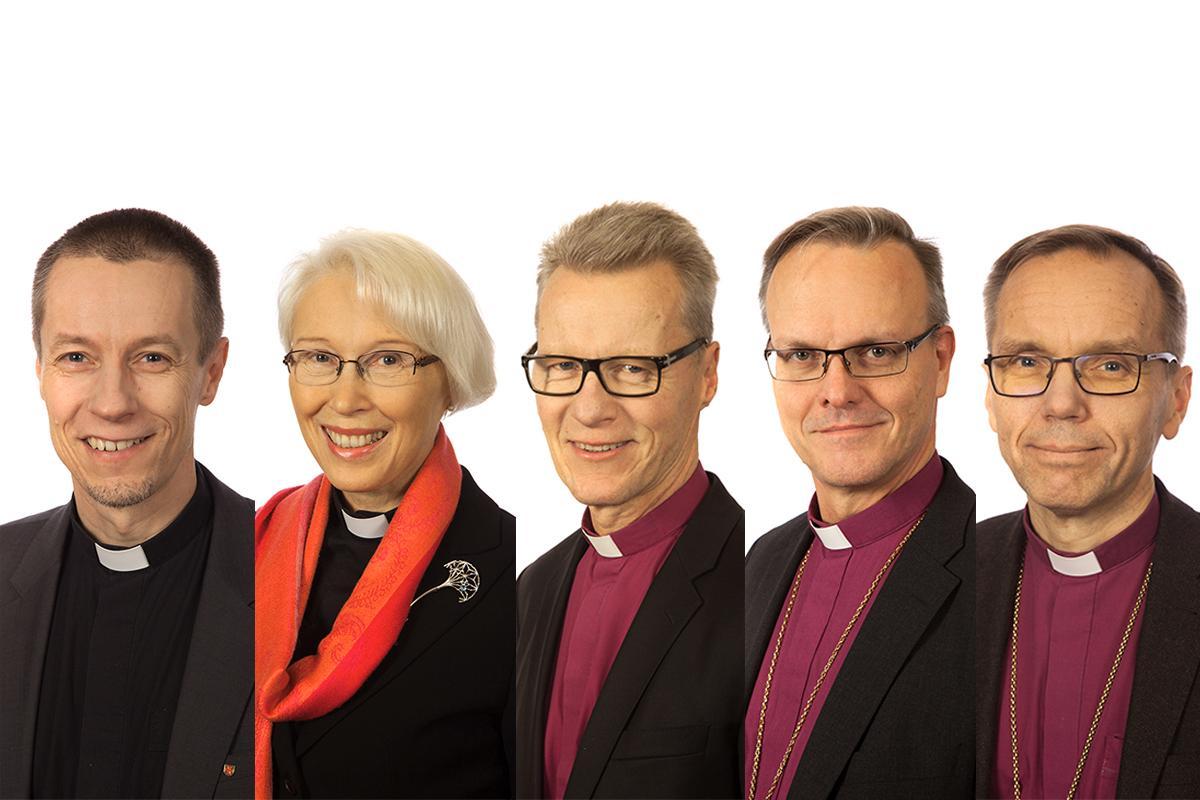 Ville Auvinen, Heli Inkinen, Ilkka Kantola, Tapio Luoma ja Brörn Vikström ovat viisikko, josta valitaan uusi arkkipiispa.